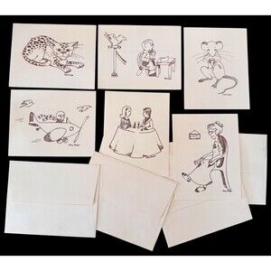 VTG Pencil Illustration On Paper Cards envelopes by artist Elley Pischer RARE
